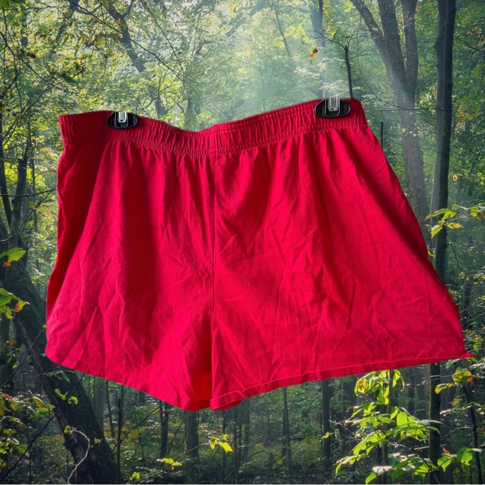 Red comfy boxer-type lounge shorts with waist stretchband
